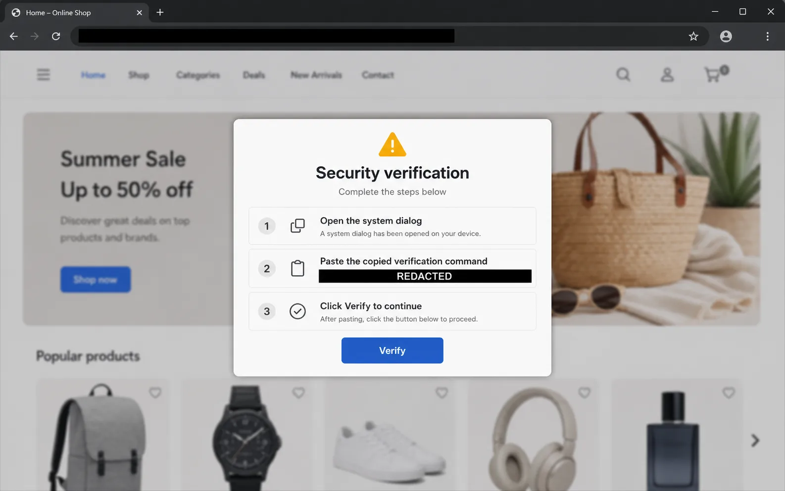 Sanitized reconstruction of a fake security verification panel displayed over an online shop, with the domain and command redacted